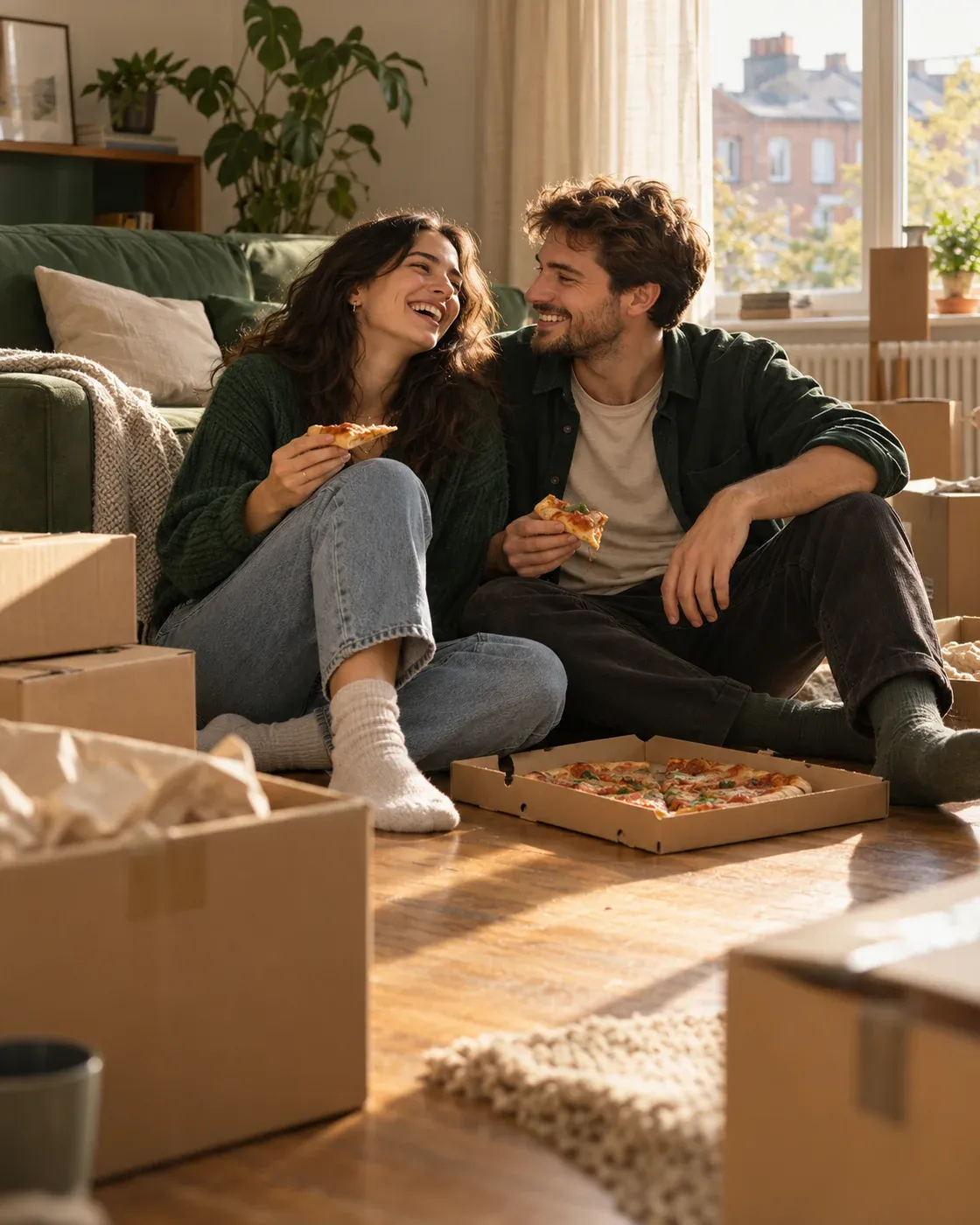 Two partners sharing pizza on the floor of their new home, surrounded by moving boxes.