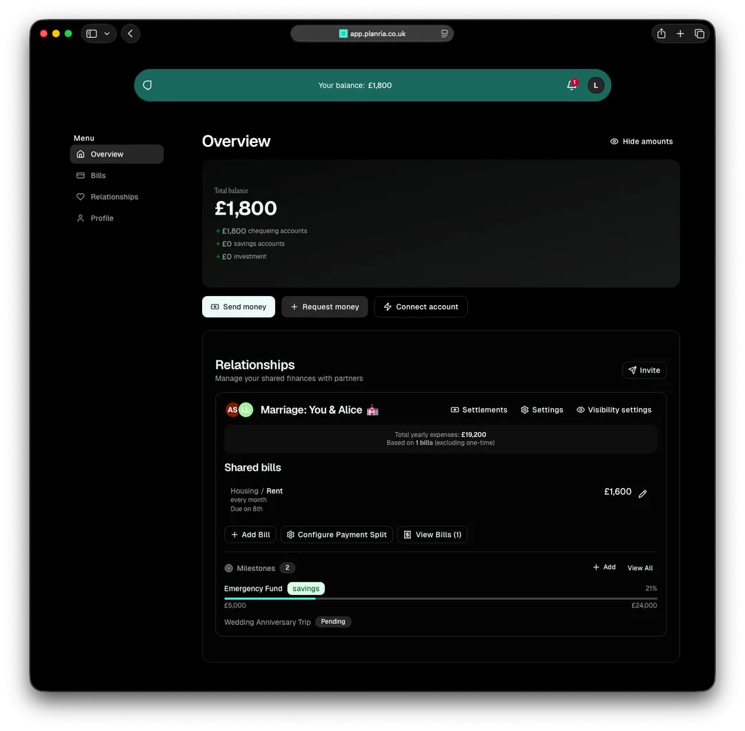 Planria overview: total balance, shared relationships and bills, and savings milestones in the app, dark mode.