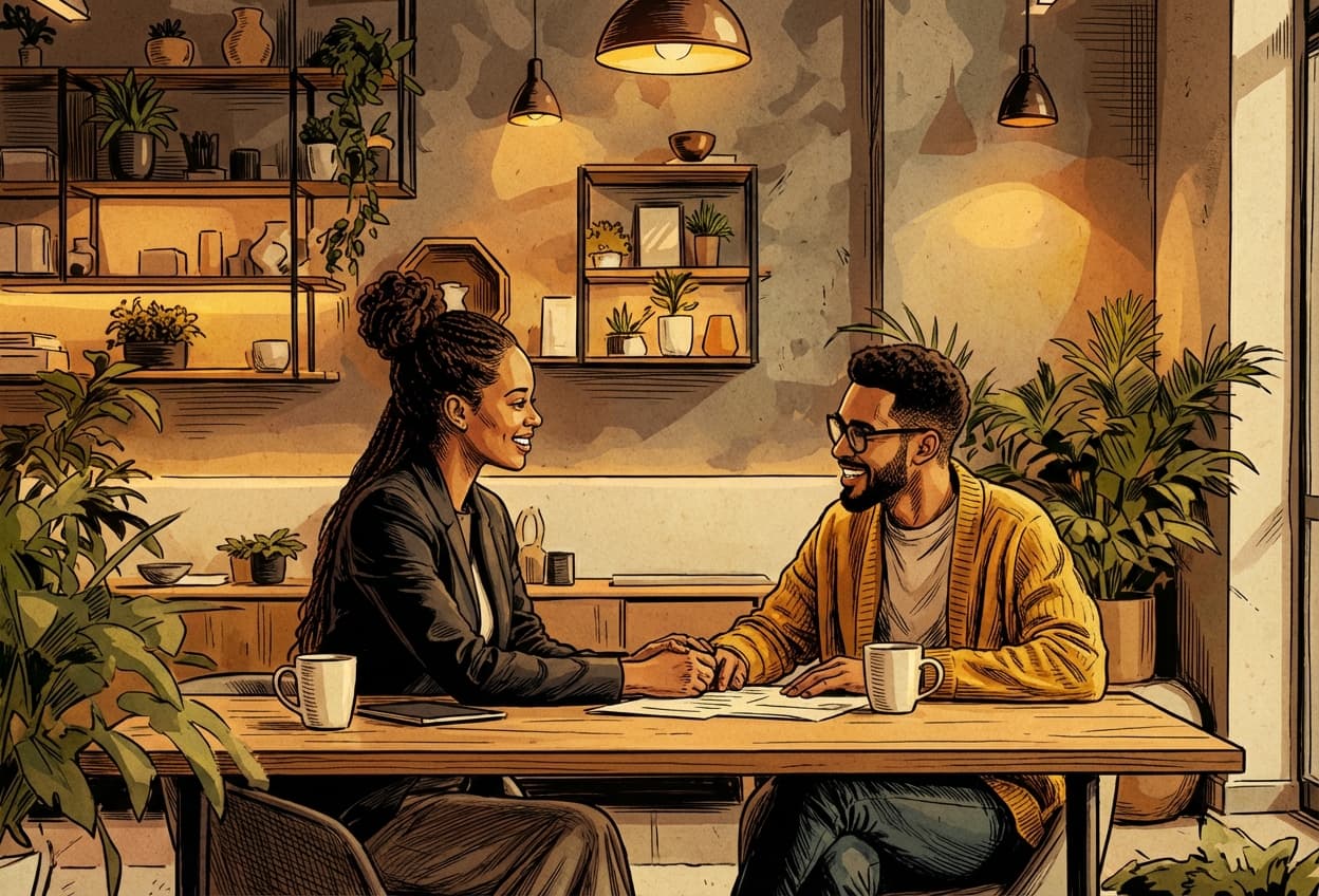 A couple smiling while planning their financial journey with plan/ria